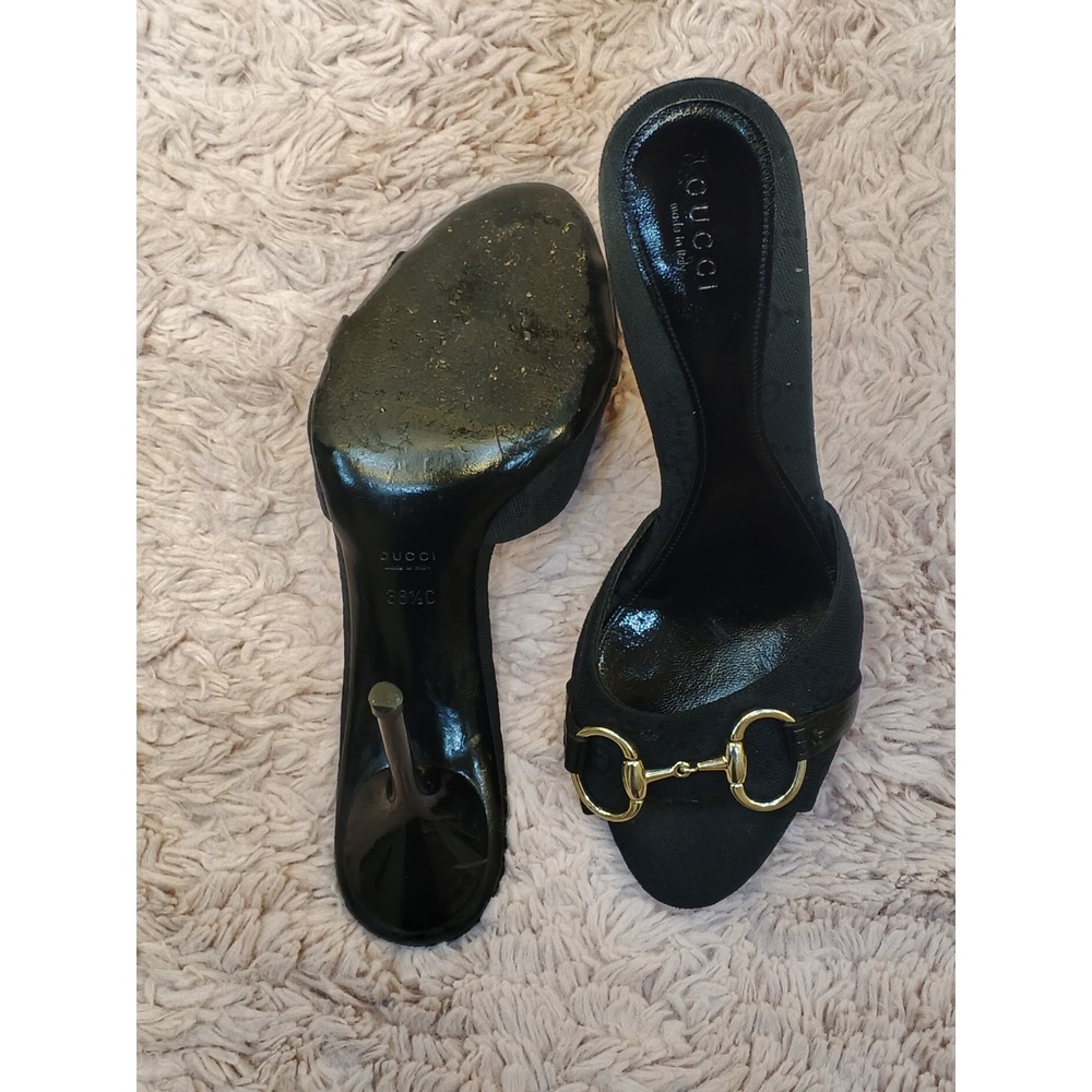 Gucci Horsebit GG Monogram Canvas Mules Black Stiletto Sandals 138703 Size 38.5 - Picture 9 of 11